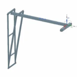 Model 3D stalowej konstrukcji wspornikowej z zaznaczonymi osiami współrzędnych.