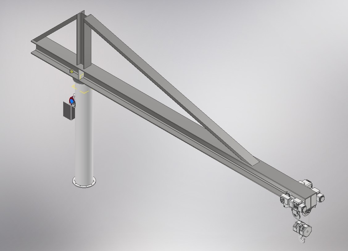 Model 3D suwnicy warsztatowej z profilem stalowym, słupem nośnym i wciągarką łańcuchową, widok izometryczny na szarym tle.