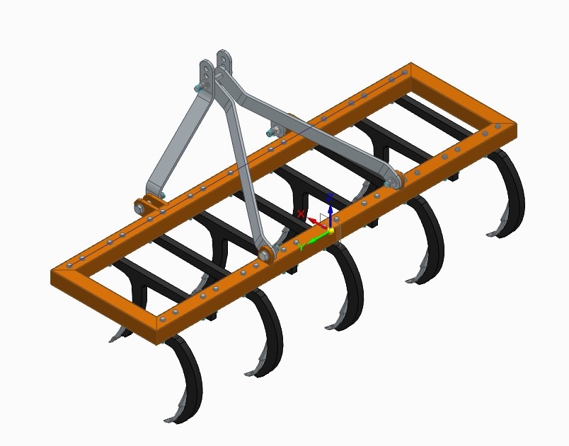 Model 3D kultywatora rolniczego z pomarańczową ramą, czarnymi zębami i szarym zaczepem, widok z góry na białym tle.