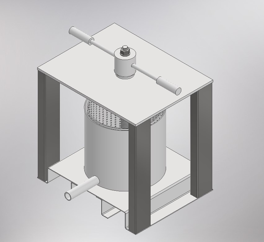 Model 3D prasy z cylindrycznym zbiornikiem perforowanym, stalową ramą i ręcznym mechanizmem dociskającym.