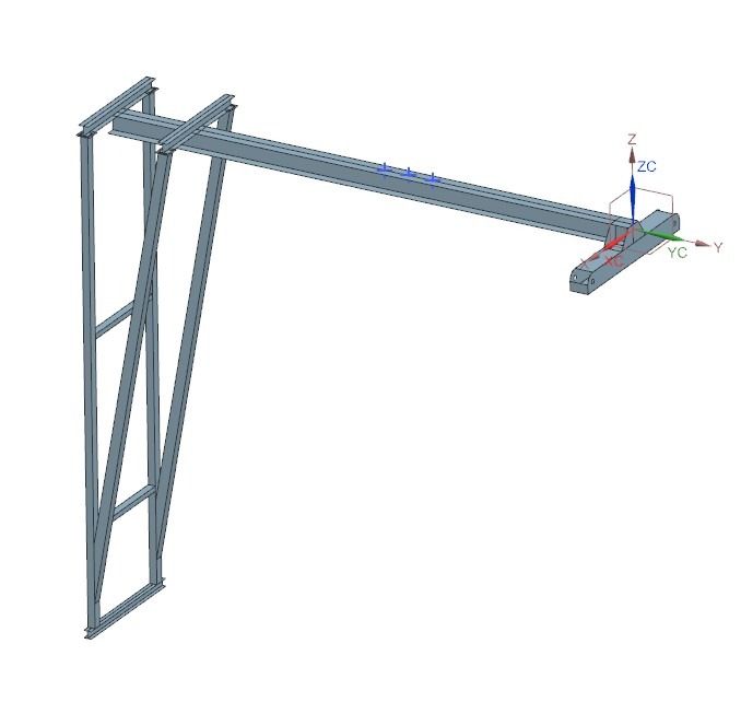 Model 3D stalowej konstrukcji wspornikowej z zaznaczonymi osiami współrzędnych.