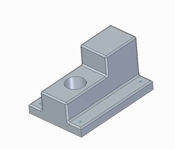 Szary model 3D elementu konstrukcyjnego z otworem i zaokrąglonymi krawędziami, widoczne punkty mocowania.