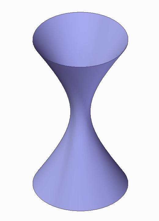 Wizualizacja 3D obiektu w kształcie klepsydry z zaokrąglonymi końcami, o jednolitej, liliowej barwie na białym tle.