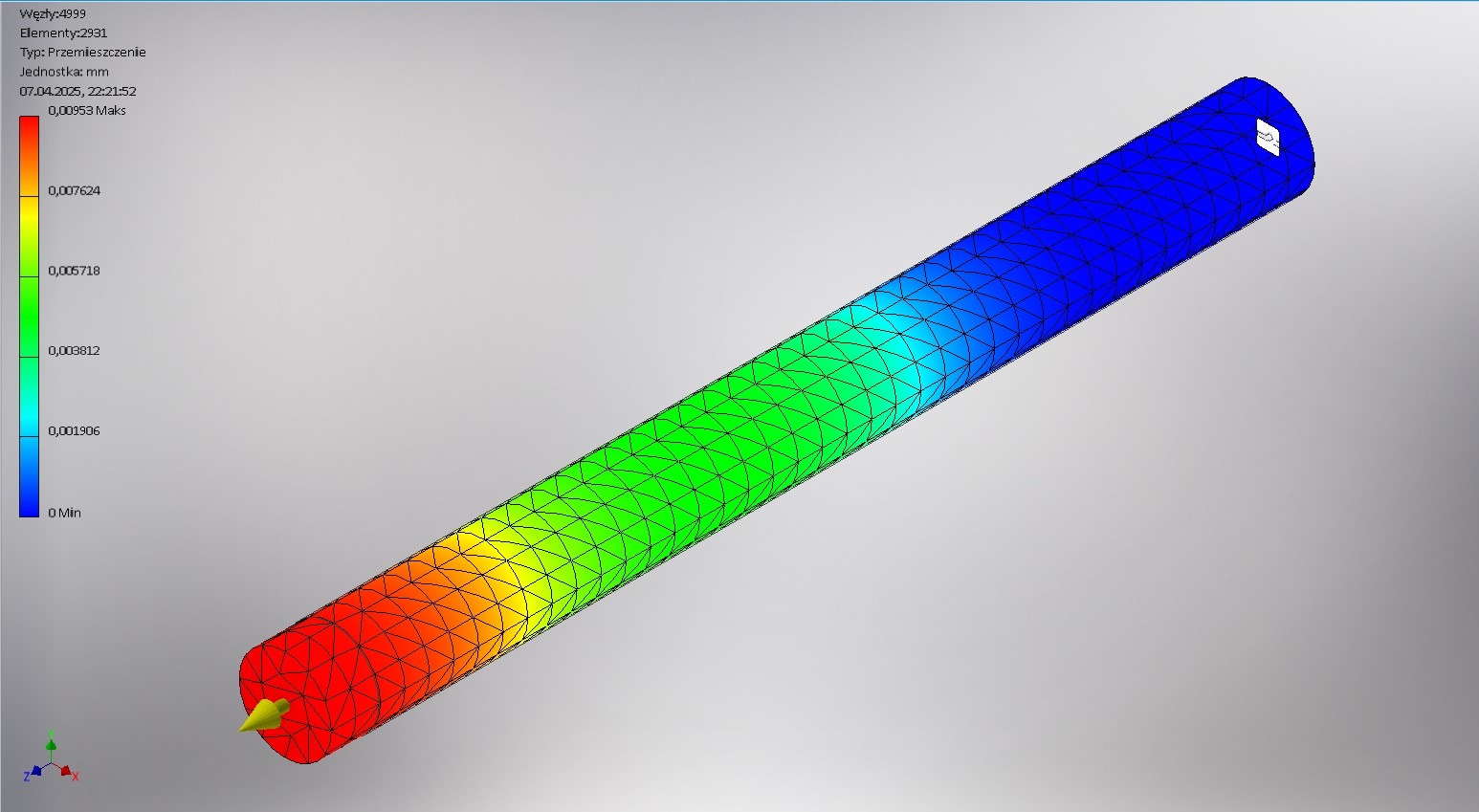 Model walca z nałożoną siatką elementów skończonych, gradient kolorów wskazuje na rozkład naprężeń i odkształceń, widoczny w programie do symulacji inżynierskich.