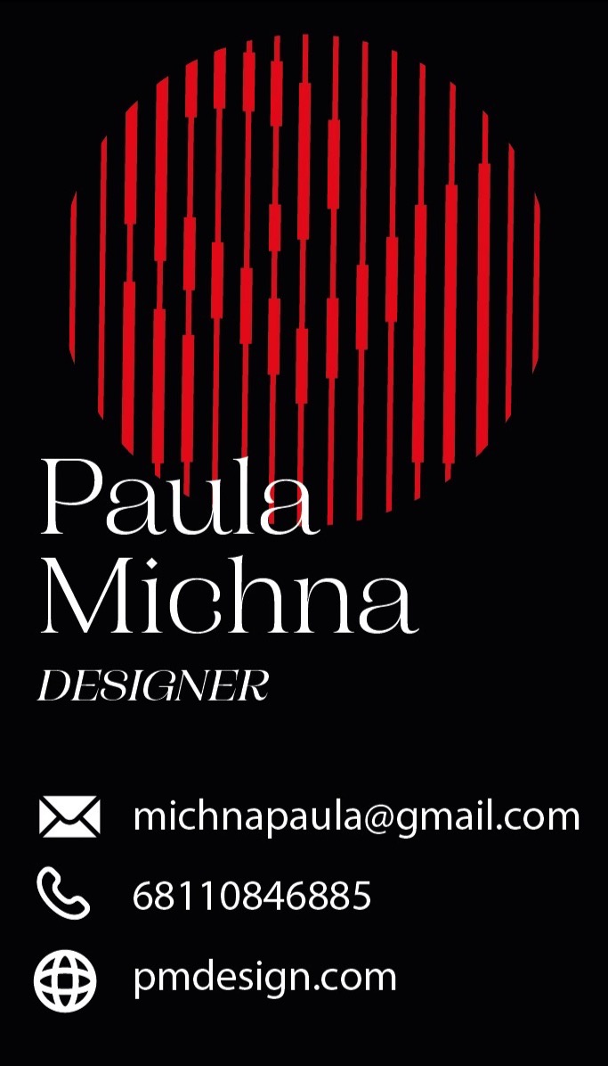 Elegancka wizytówka projektantki Pauli Michny na czarnym tle z czerwonym graficznym elementem przypominającym okrąg z pionowych pasków, prezentująca imię, nazwisko, zawód oraz dane kontaktowe...