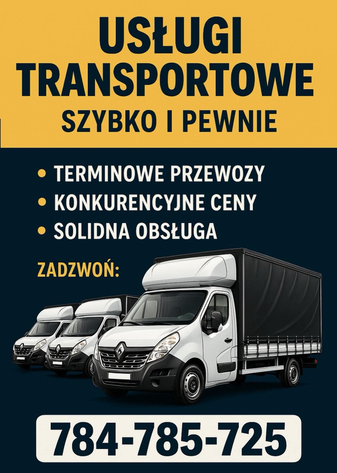 Grafika reklamowa z trzema białymi busami z plandeką na ciemnym tle z żółtymi napisami: Usługi transportowe szybko i pewnie, terminowe przewozy, konkurencyjne ceny, solidna obsługa, zadzwoń i numer...
