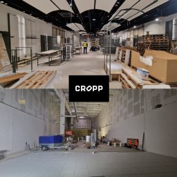 DALF - Dzielone ujęcie wnętrza sklepu Cropp w trakcie prac wykończeniowych: montaż mebli i regałów na górze, surowy stan ścian i podłóg na dole.