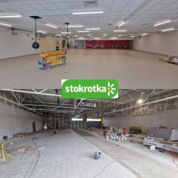 DALF - Hala w trakcie wykańczania: położona podłoga, widoczny podnośnik nożycowy, materiały budowlane. Dwie perspektywy połączone w jednym obrazie.