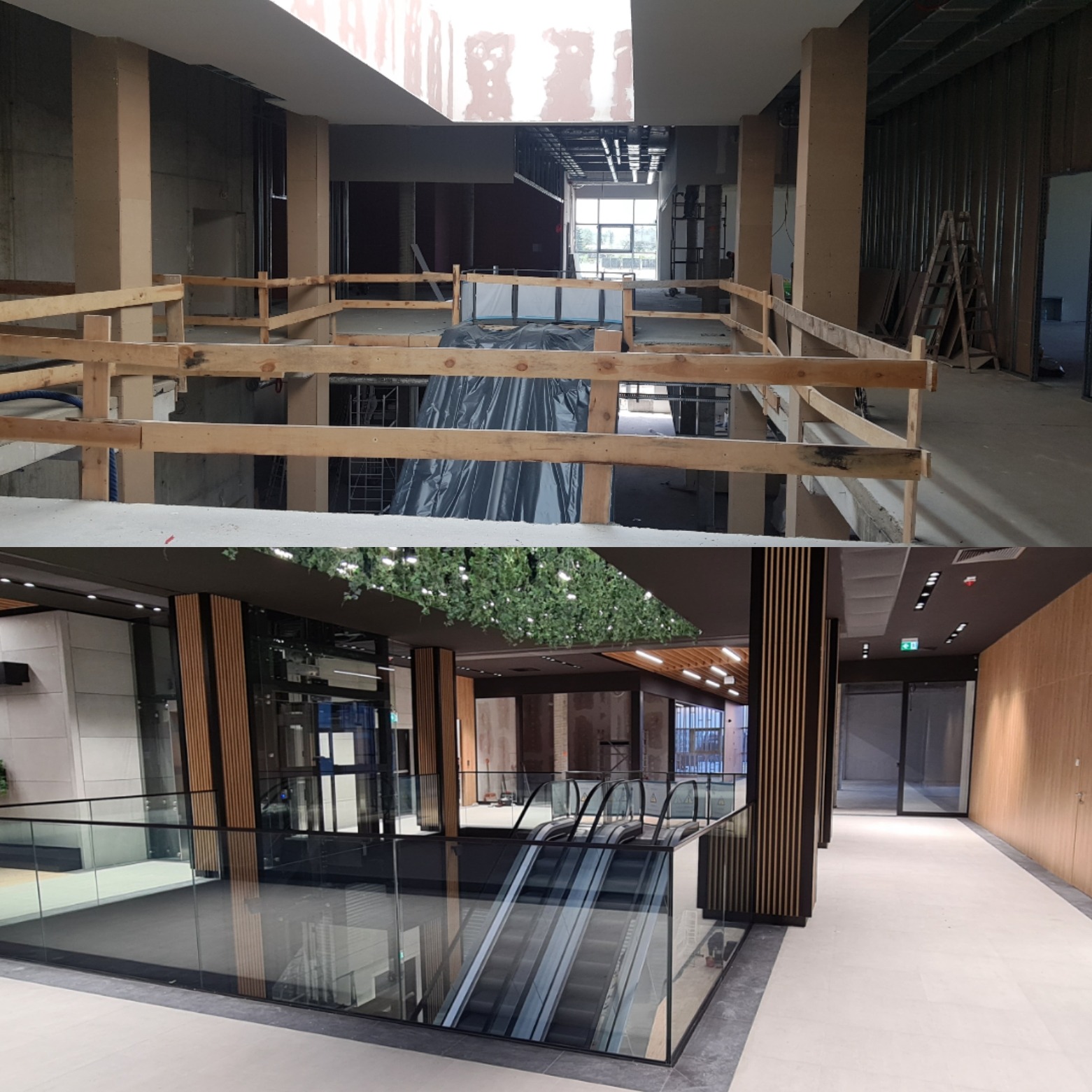 Zdjęcie 'przed i po' remontu wnętrza komercyjnego: surowy stan z drewnianymi barierkami vs. wykończona przestrzeń z ruchomymi schodami i roślinami.