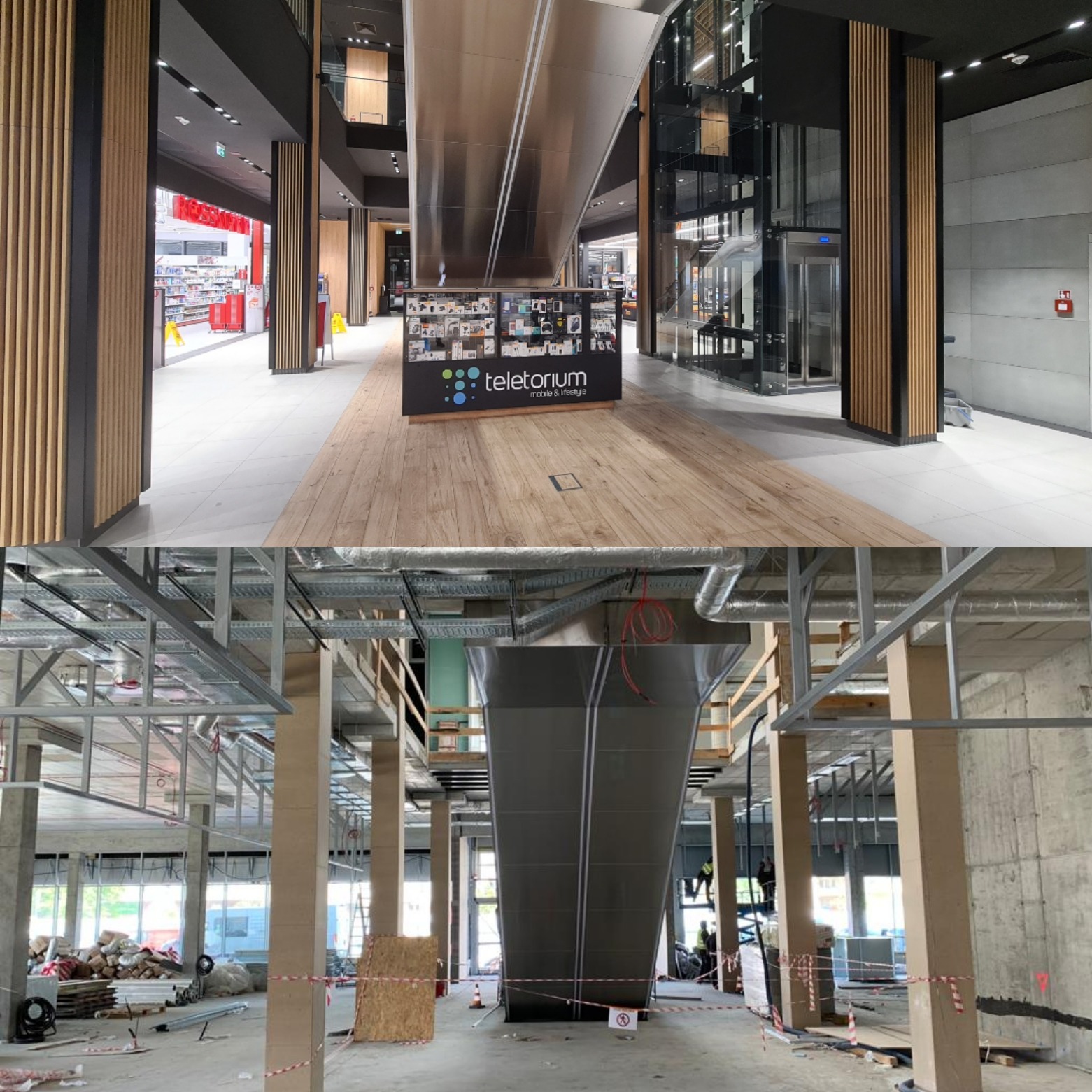 Zdjęcie typu 'przed i po' przedstawiające wnętrze komercyjne: górna część po remoncie, z drewnianymi elementami i windą; dolna część w trakcie prac remontowych.