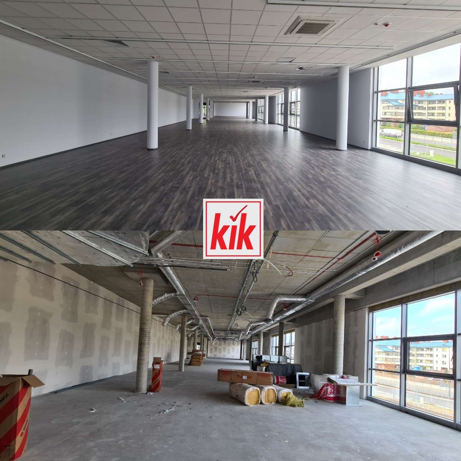 Zdjęcie przedstawia zestawienie przed i po: surowy stan biura i wykończone wnętrze z podłogą imitującą drewno, kolumnami i dużymi oknami.