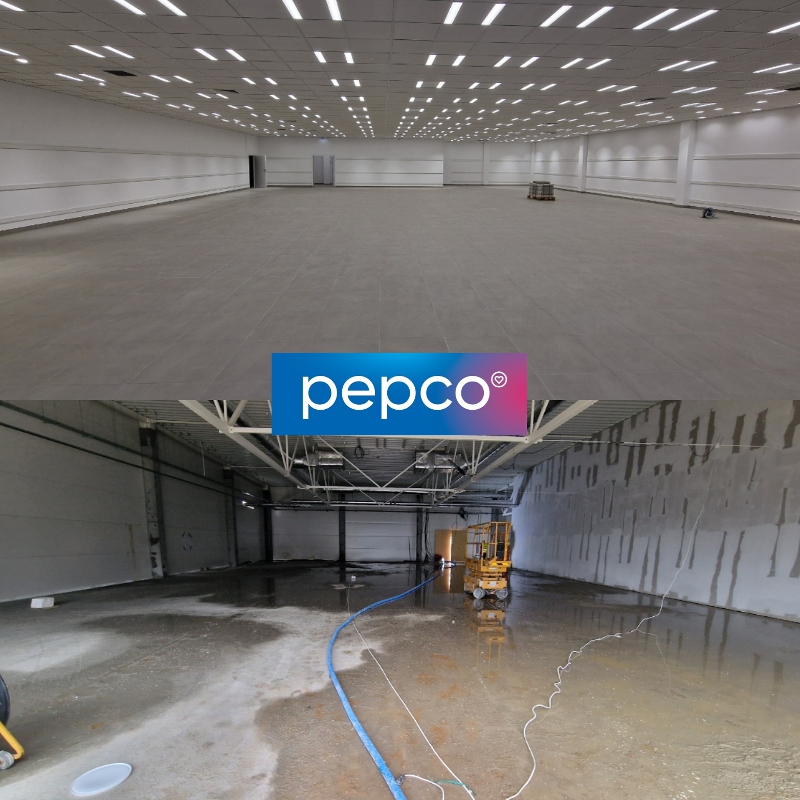 Porównanie stanu przed i po w lokalu Pepco w Warszawie. Górna część pokazuje wykończoną przestrzeń z oświetleniem. Dolna część ukazuje lokal w trakcie prac remontowych.