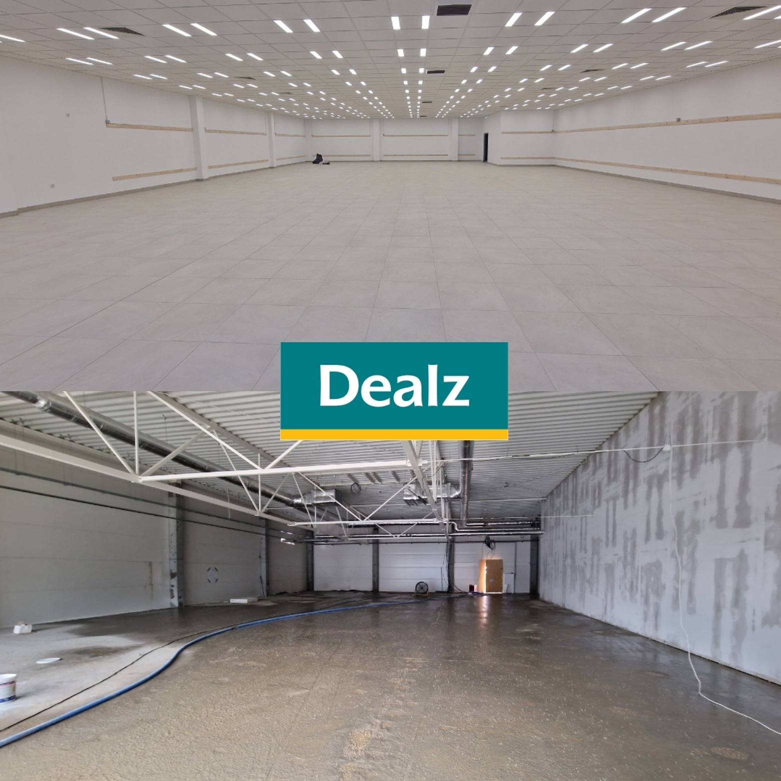 Remont biura: porównanie stanu przed (surowe ściany, betonowa podłoga) i po (płytki, pomalowane ściany, oświetlenie) wykończeniu. Widok na przestronne wnętrze.