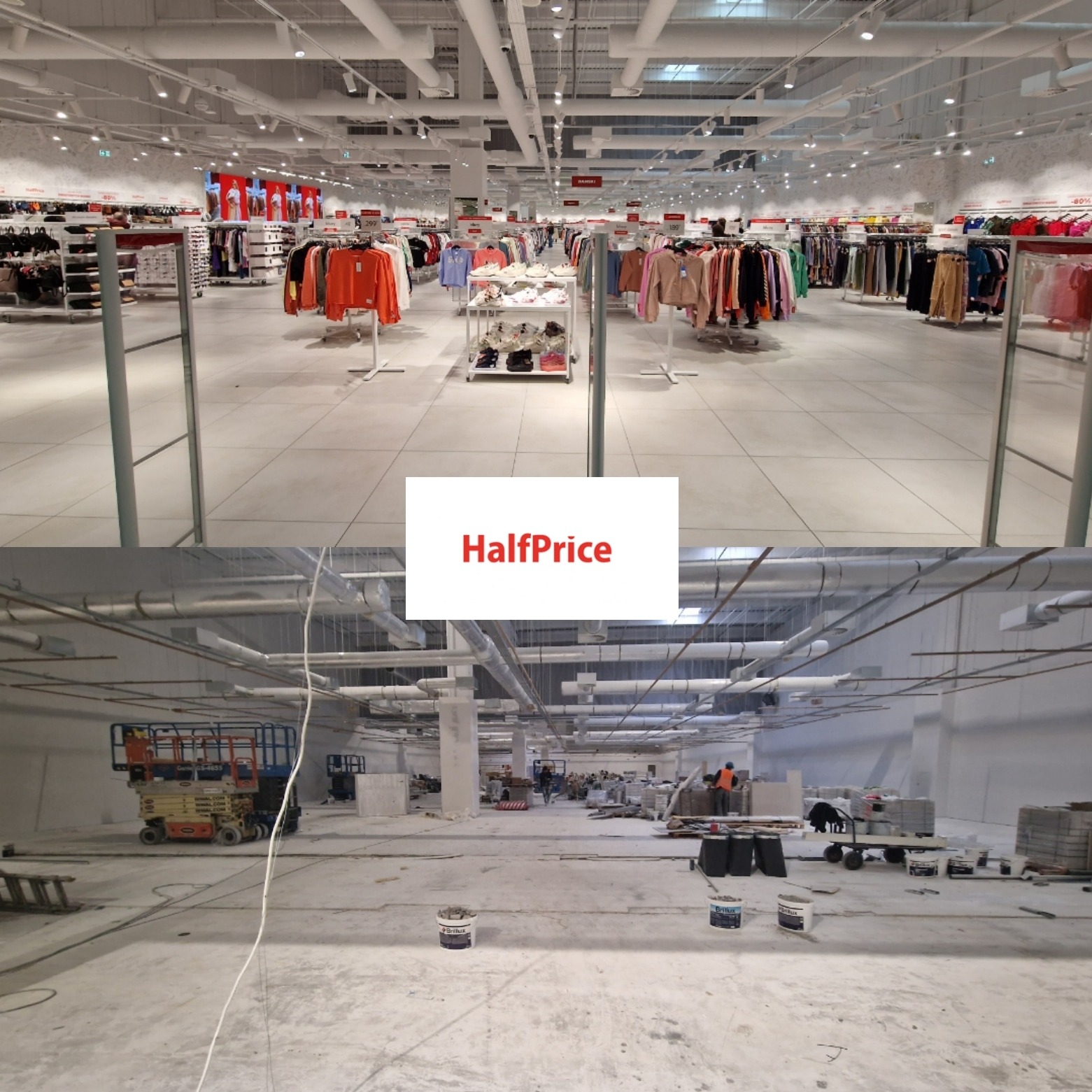 Zdjęcie przedstawia zestawienie 'przed' i 'po' remontu sklepu odzieżowego HalfPrice. U góry widok gotowego sklepu, na dole plac budowy z maszynami i materiałami.
