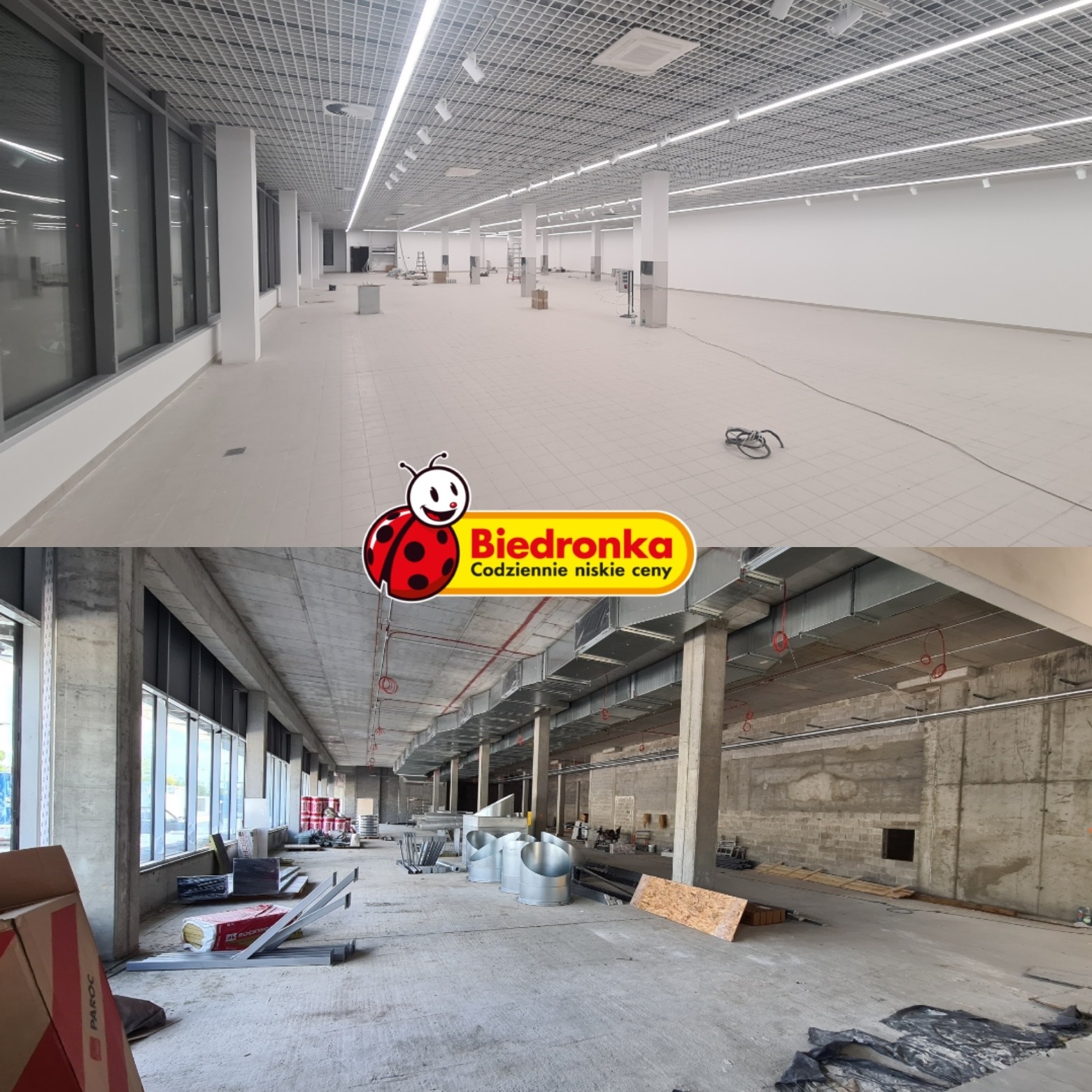Zdjęcie 'przed i po' remontu hali handlowej Biedronka. Na górze: wykończona przestrzeń z oświetleniem. Na dole: surowy stan z widoczną instalacją i materiałami budowlanymi.