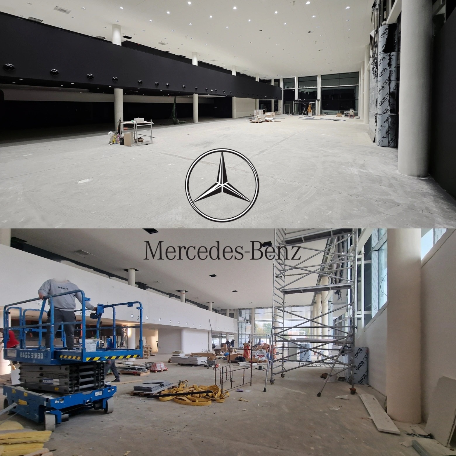 Zdjęcie 'przed i po' remontu salonu Mercedes-Benz. Na górze surowy stan, na dole prace wykończeniowe: rusztowania, podnośnik, materiały budowlane.