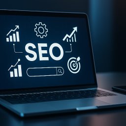 B&Z Robert Bebek - Laptop z ekranem prezentującym grafikę SEO: wykresy wzrostu, koło zębate, lupa w polu wyszukiwania i symbol celu. Obok leży smartfon.