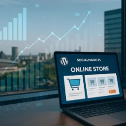 Laptop z witryną e-commerce na tle miasta i wykresów wzrostu, logo WordPress, SOCIALMAGIC.PL. Nowoczesny design sklepu internetowego, generowanie sprzedaży.