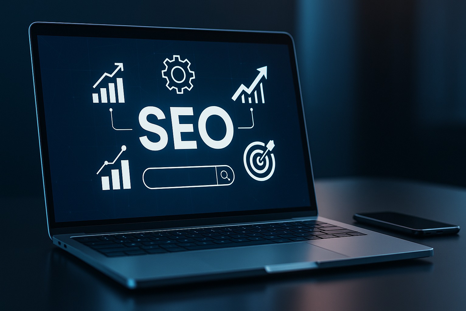 Laptop z ekranem prezentującym grafikę SEO: wykresy wzrostu, koło zębate, lupa w polu wyszukiwania i symbol celu. Obok leży smartfon.