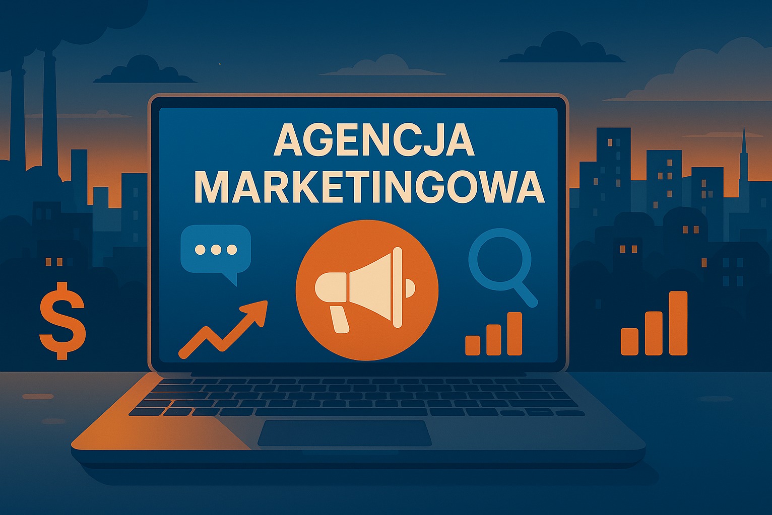 Laptop z napisem 'Agencja Marketingowa' na tle miejskiego krajobrazu. Grafika w odcieniach pomarańczu i granatu, ikony: megafon, wykres, lupa, dymek czatu, znak dolara.