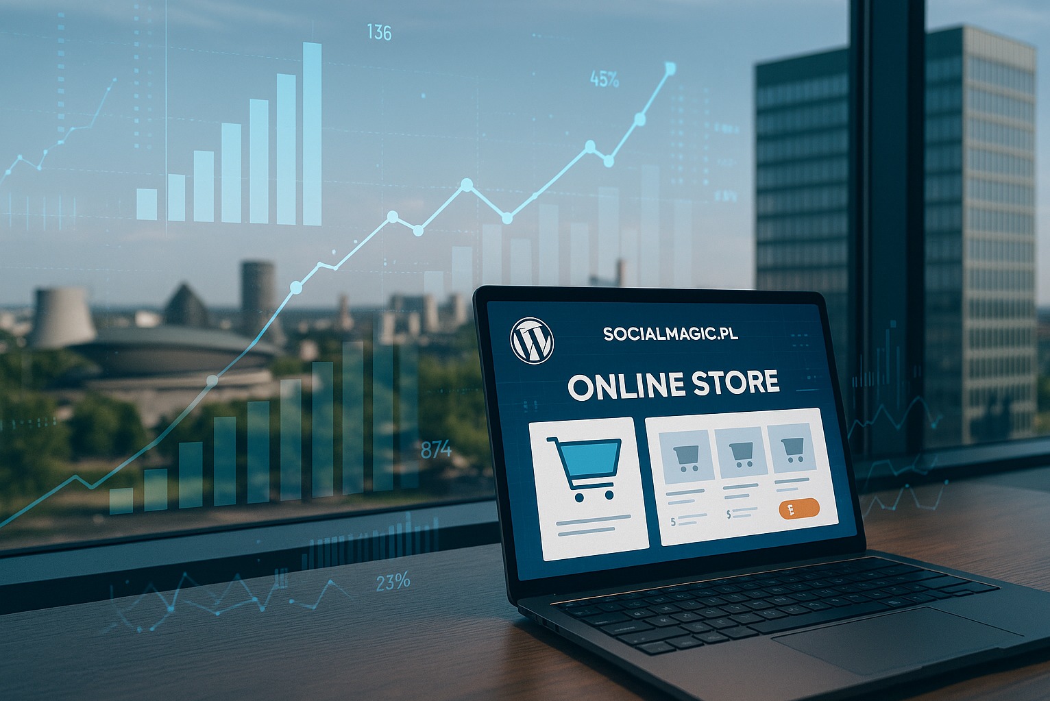 Laptop z witryną e-commerce na tle miasta i wykresów wzrostu, logo WordPress, SOCIALMAGIC.PL. Nowoczesny design sklepu internetowego, generowanie sprzedaży.