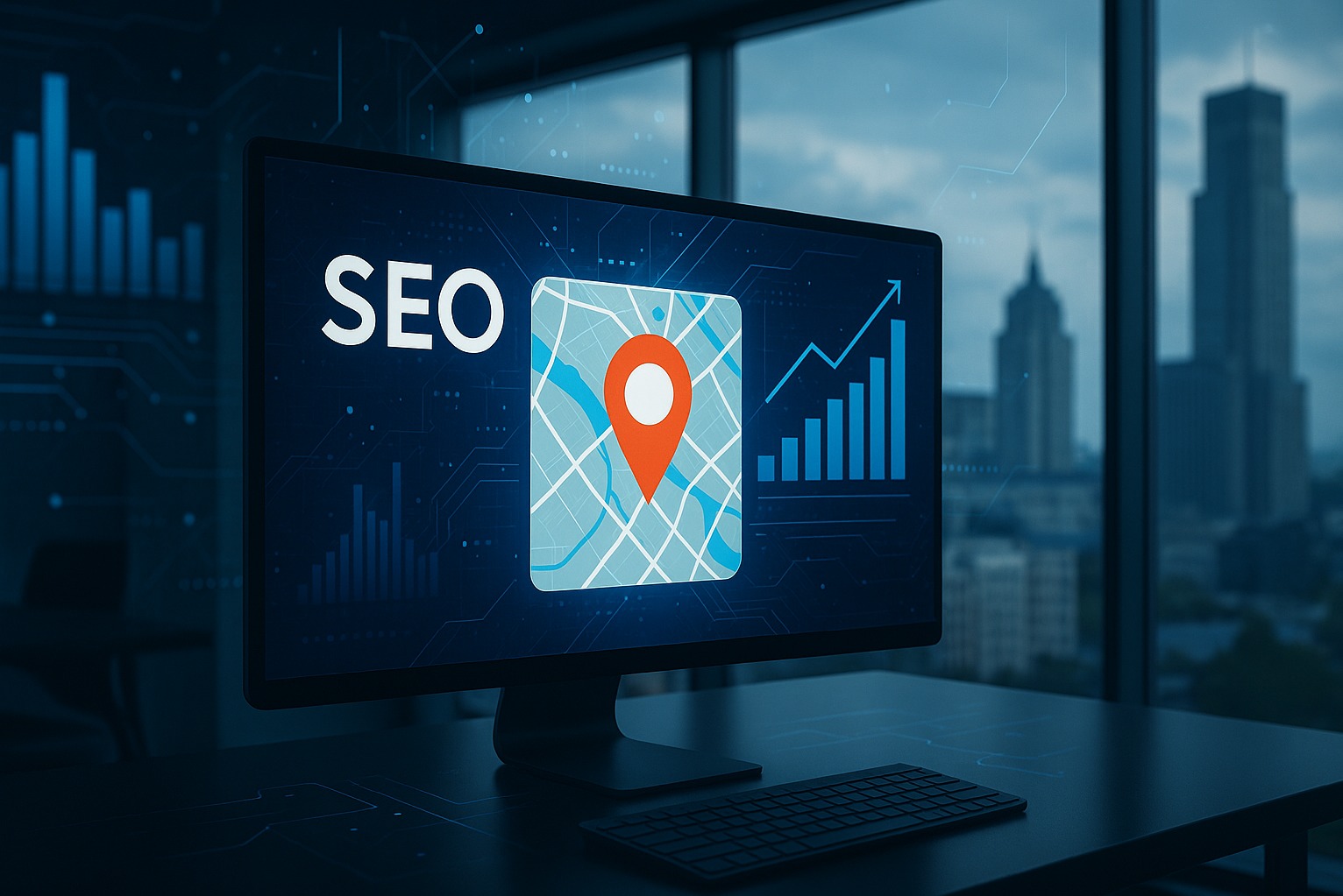 Monitor z grafiką SEO: mapa z pinezką, wykres wzrostu, wieżowce w tle. Koncepcja lokalnego SEO i wizytówki Google.