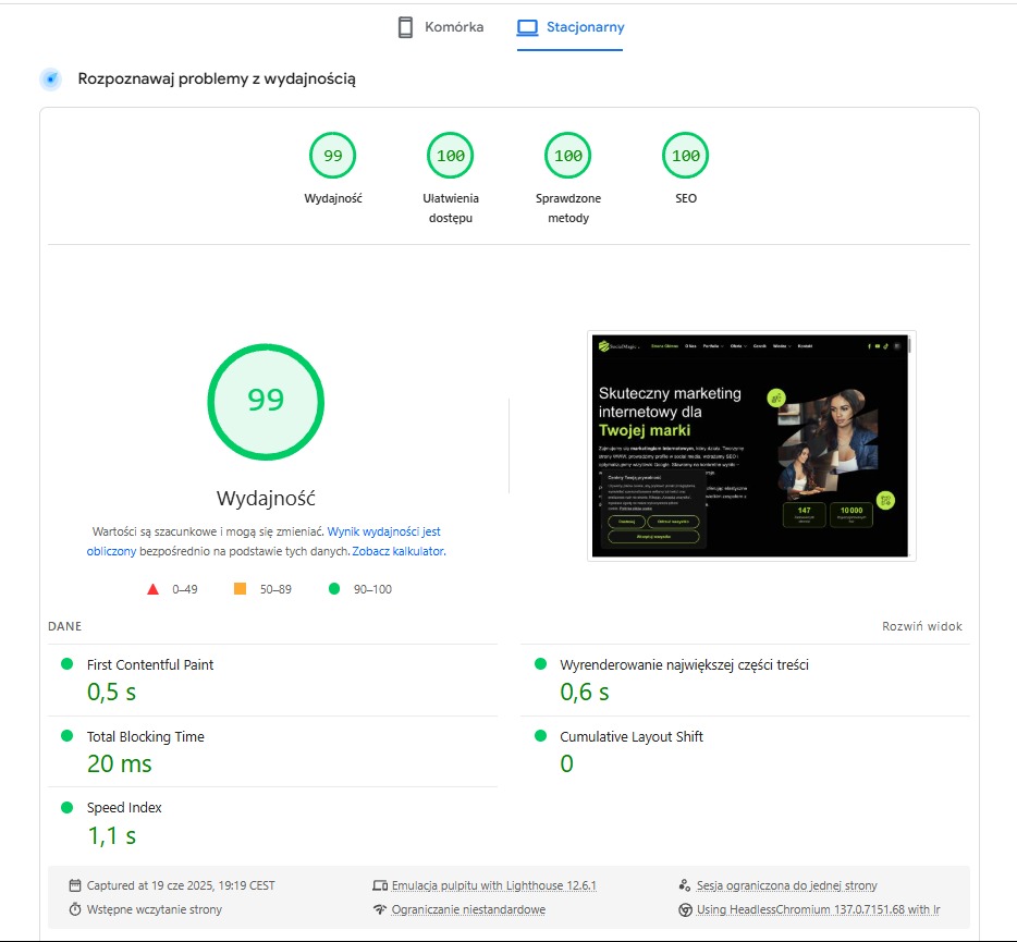 Test wydajności strony internetowej: wynik 99/100, wysokie oceny SEO i dostępności. Widoczny fragment strony internetowej na ciemnym tle.