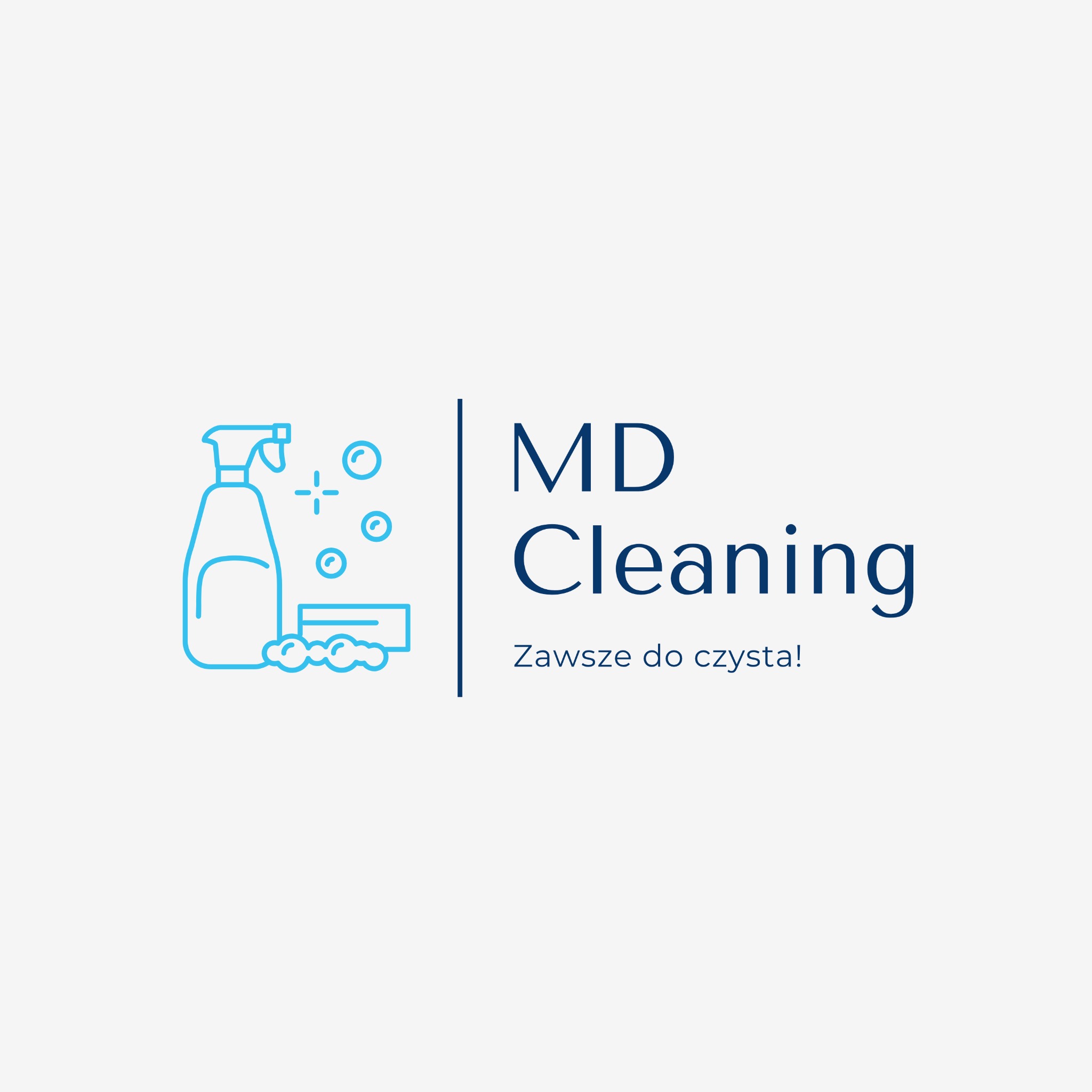 Logo firmy sprzątającej MD Cleaning z grafiką spryskiwacza, gąbki i bąbelków, oraz hasłem 'Zawsze do czysta!'