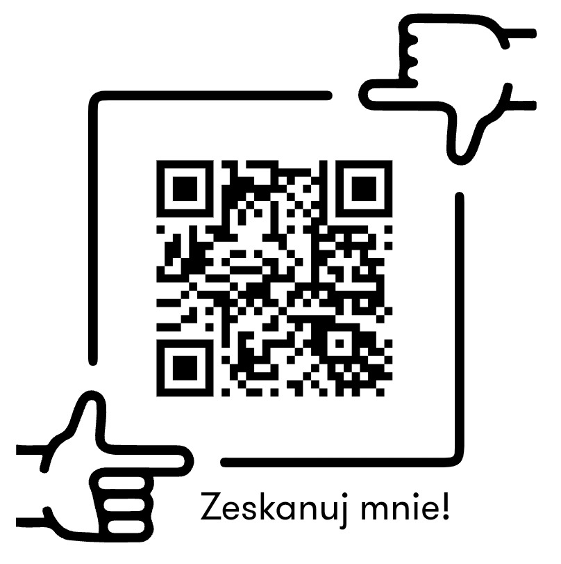 Czarno-biały obrazek z kodem QR otoczonym ramką, z ikonami dłoni wskazujących na kod i napisem 'Zeskanuj mnie!'
