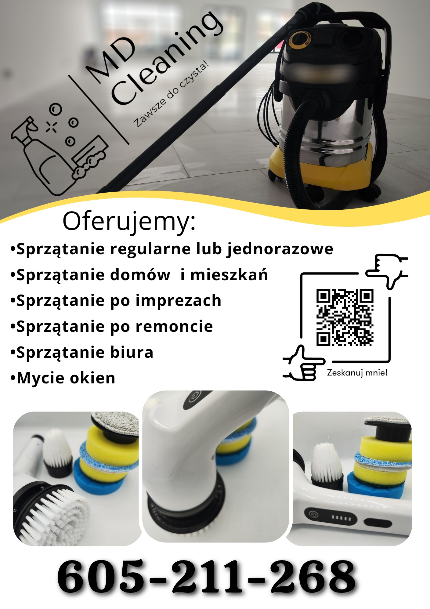 Plakat reklamowy firmy sprzątającej z odkurzaczem przemysłowym, listą oferowanych usług i numerem telefonu.