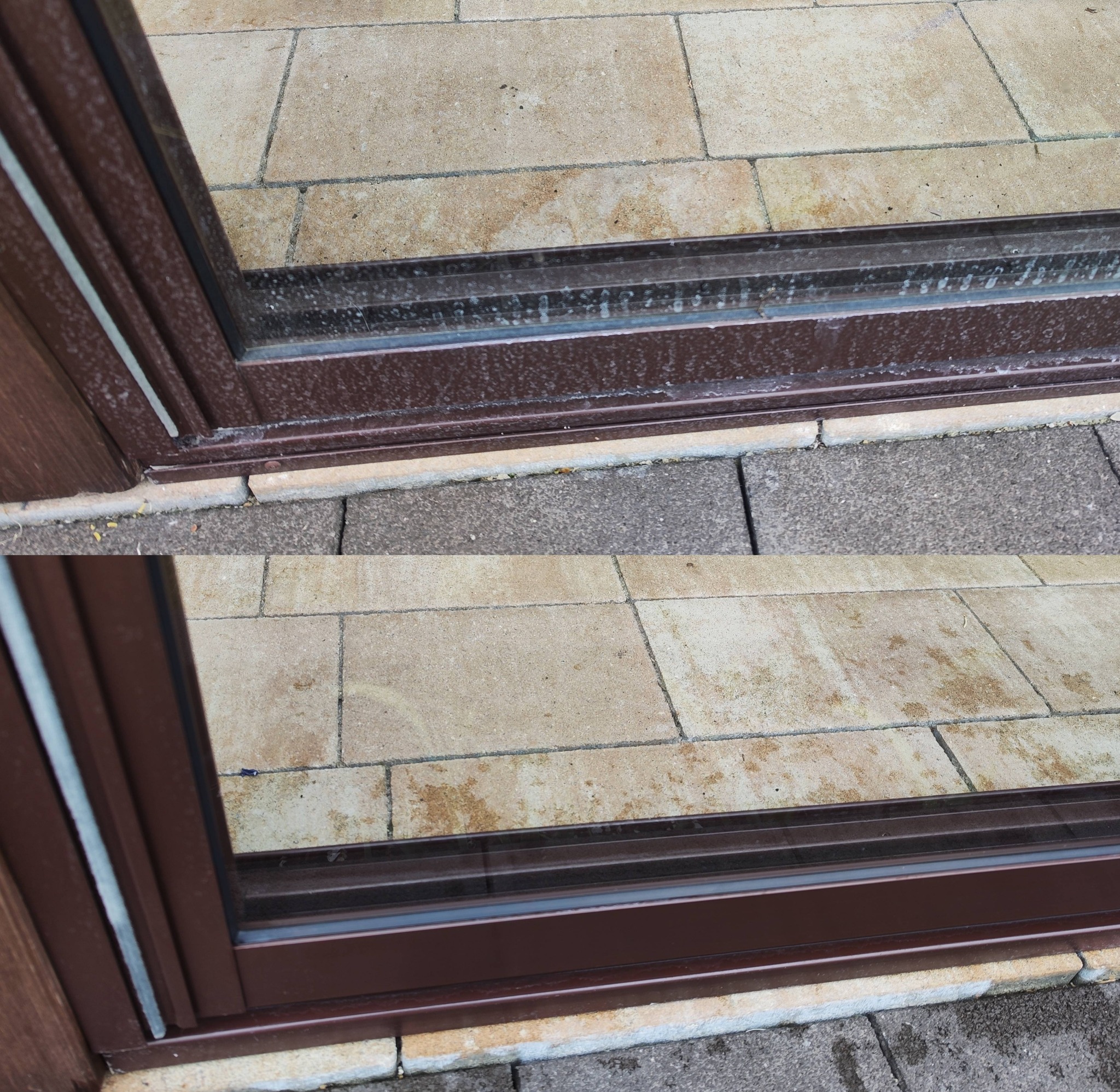 Porównanie stanu okna przesuwnego przed i po czyszczeniu, widoczne zabrudzenia i osady w prowadnicach oraz czysta powierzchnia po interwencji.