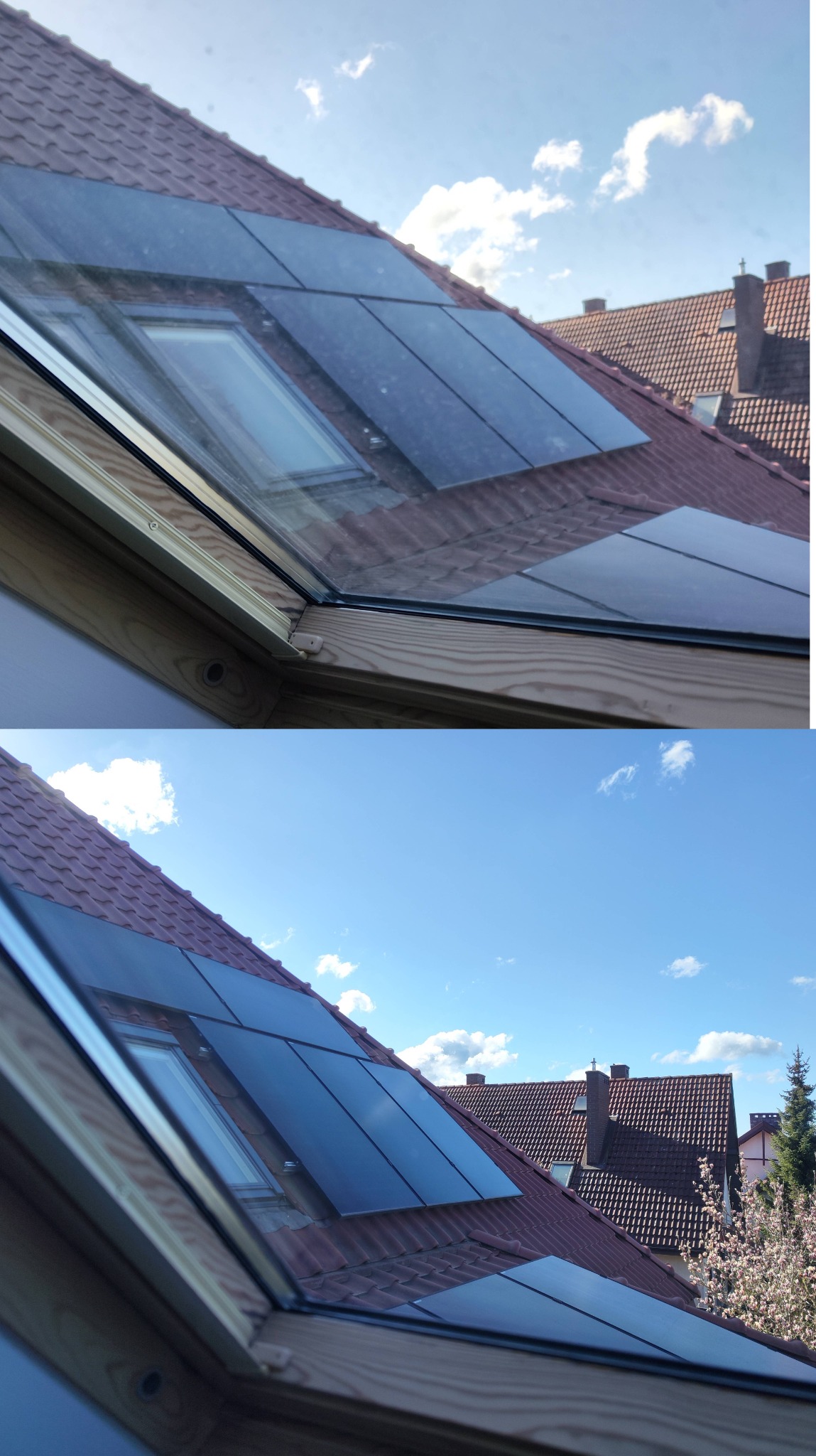 Wewnętrzny widok okna dachowego z panelami słonecznymi na dachu w Nasielsku, z widocznym błękitnym niebem.