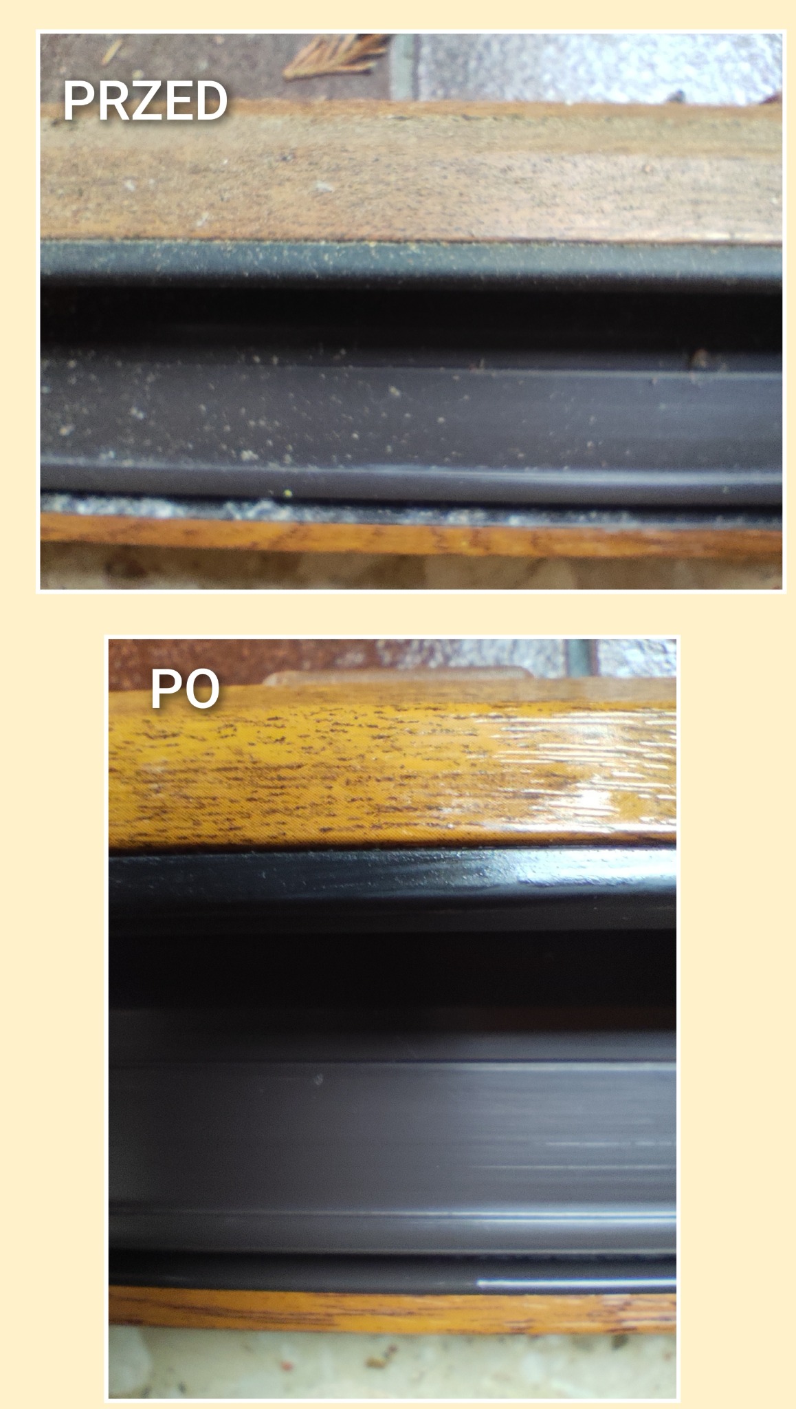 Porównanie stanu okna przed i po czyszczeniu. Górna część zakurzona, dolna lśniąca, ukazująca efekt dokładnego mycia ram okiennych.
