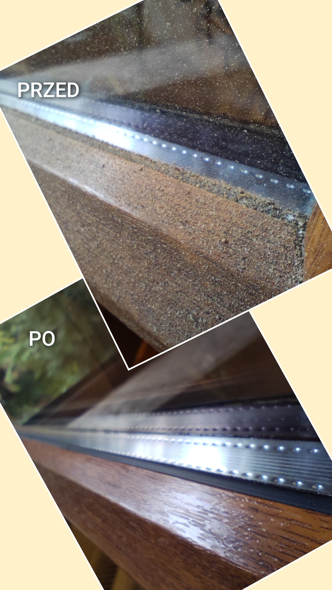 Okno drewniane przed i po czyszczeniu, widoczne zabrudzenia i efekt lśniącej czystości. Ujęcie pod kątem, z bliska, z napisem 'PRZED' i 'PO'.
