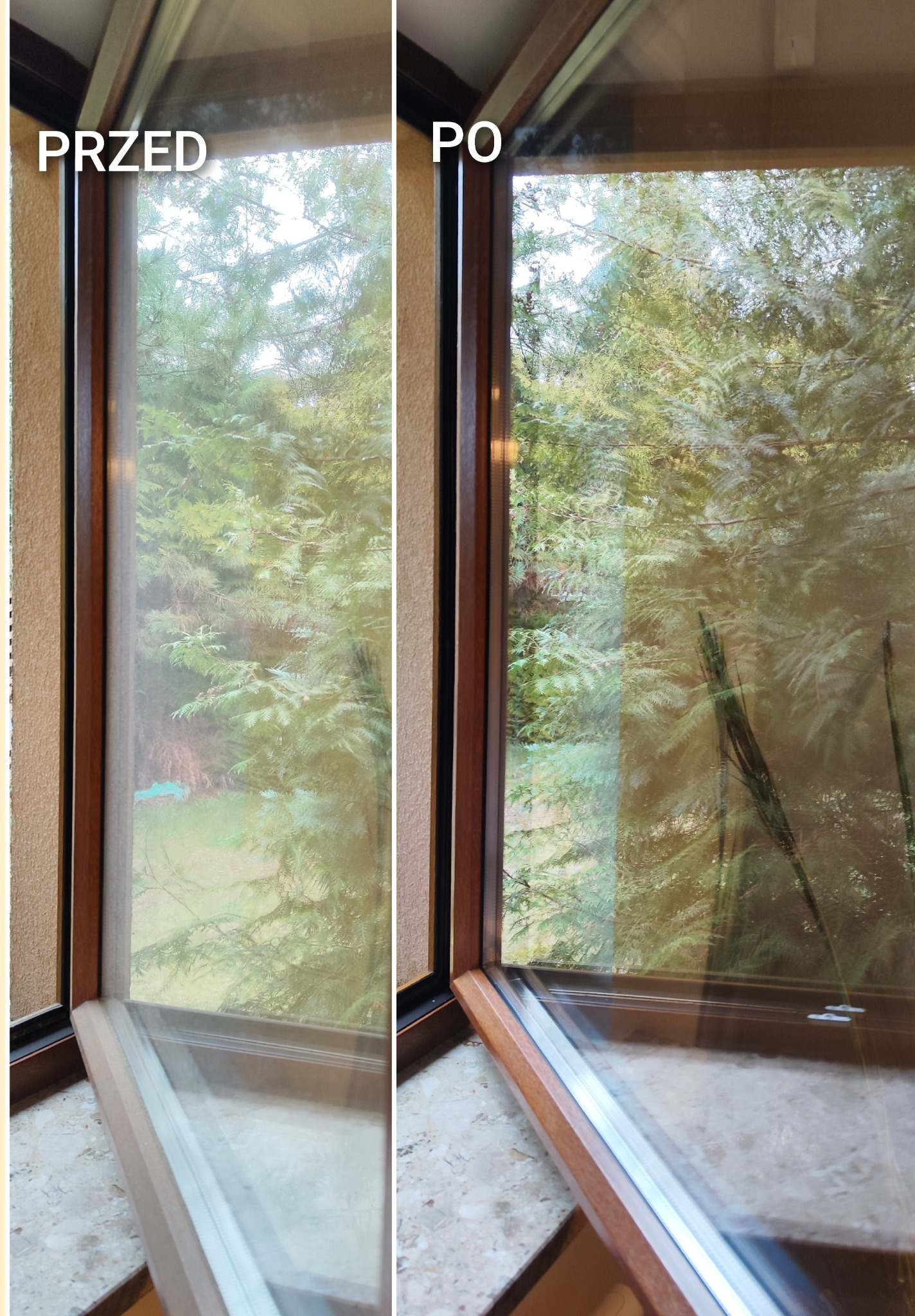 Okno po umyciu, widok na zieleń. Porównanie 'przed' z zamgloną szybą i 'po' z czystą, przezroczystą szybą. Widoczne detale ramy okiennej i parapetu.