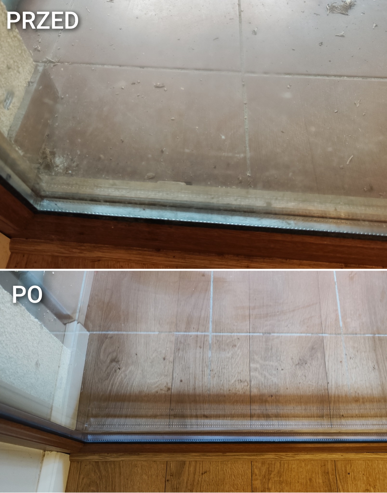 Zdjęcie okna w dwóch ujęciach: 'Przed' - brudne, zanieczyszczone i 'Po' - czyste, umyte. Widoczne płytki podłogowe w tle. Ukazany efekt mycia okien.