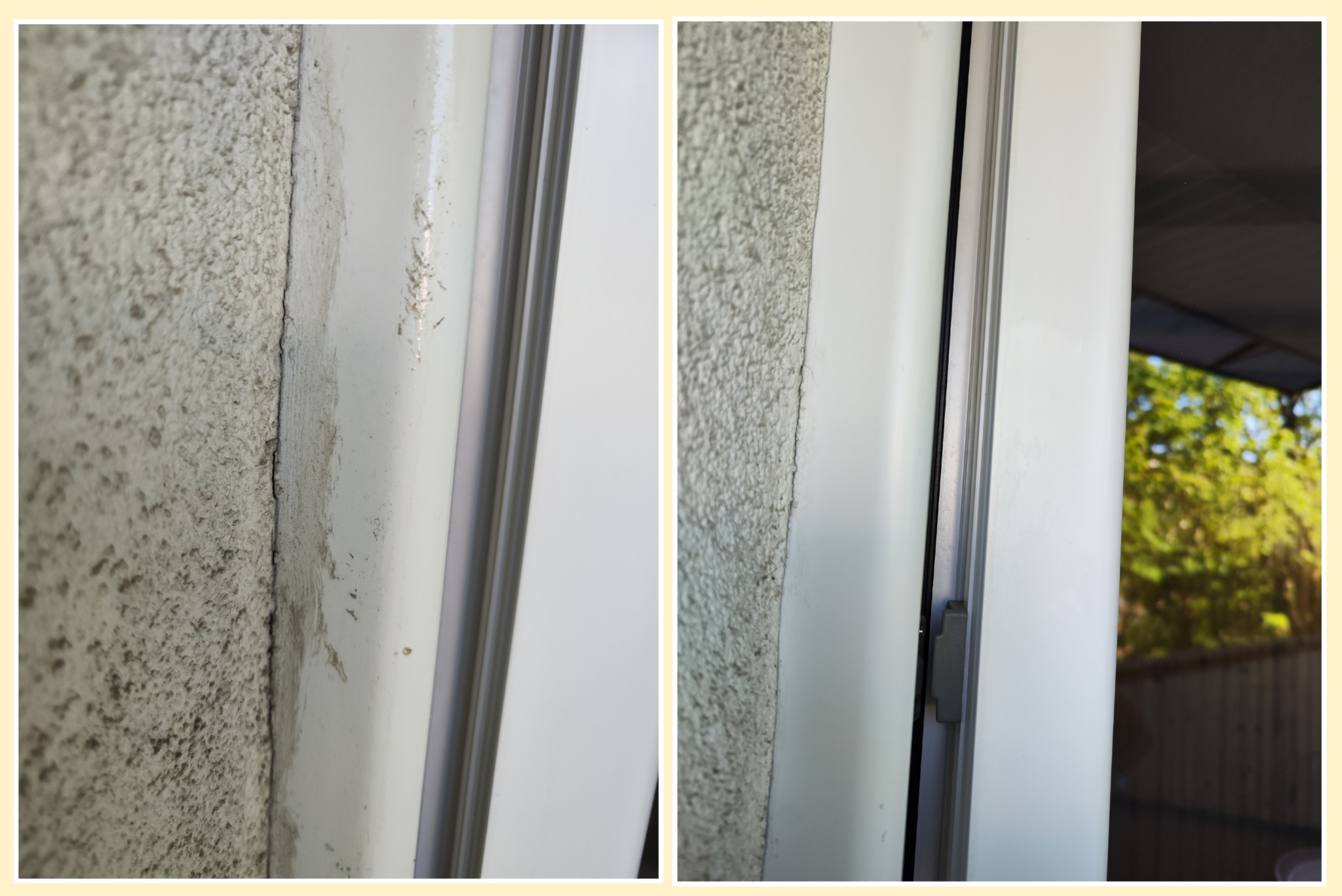 Zdjęcie okna PCV przed i po czyszczeniu, z widoczną różnicą w czystości ramy i ściany. Po prawej stronie widoczne drzewa za oknem.