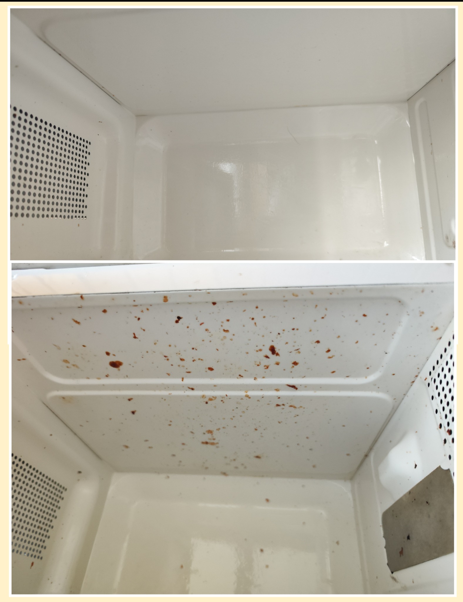 Mikrofalówka przed i po czyszczeniu: wnętrze z resztkami jedzenia (dół) i czyste, białe wnętrze (góra). Widoczne otwory wentylacyjne po lewej stronie.