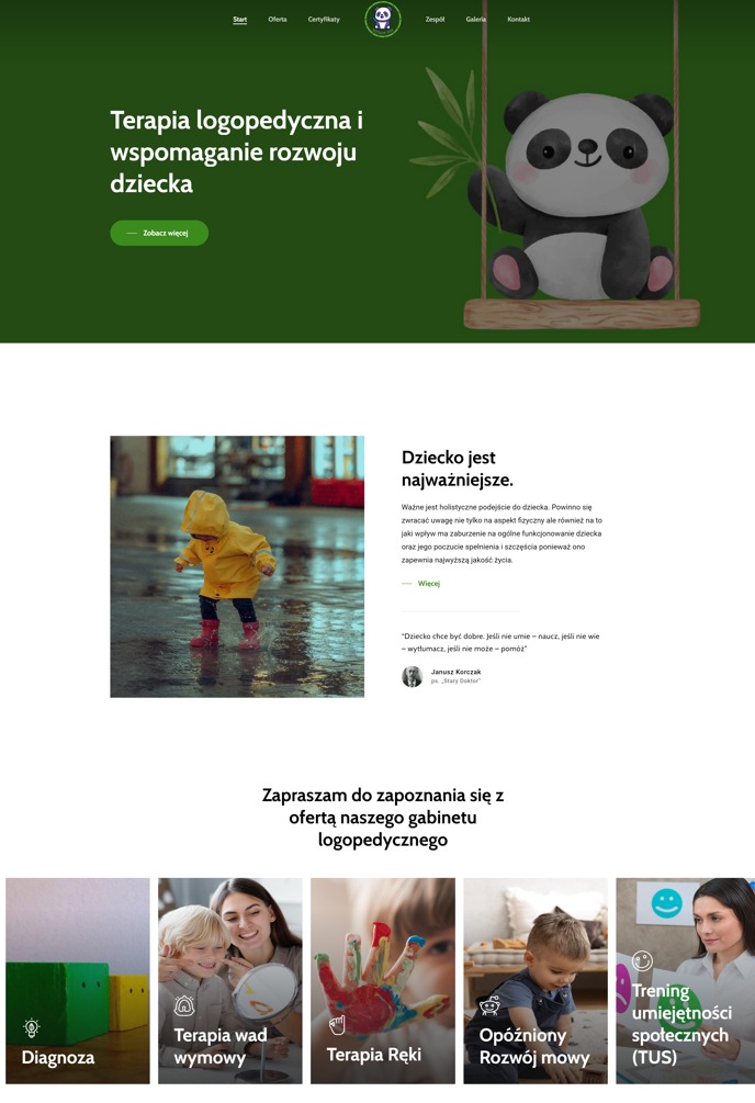 Strona internetowa gabinetu logopedycznego z ilustracją pandy na huśtawce, zdjęciem dziecka w deszczu i sekcją z ofertą terapii wad wymowy, ręki i opóźnionego rozwoju mowy.
