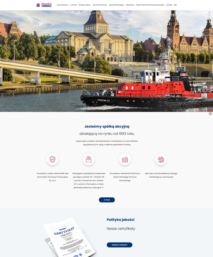 Strona internetowa firmy Polskie Terminale z widokiem na nabrzeże, budynki portowe i czerwony holownik Strażak-24 na pierwszym planie, podkreślająca nowoczesny design i responsywność witryny.