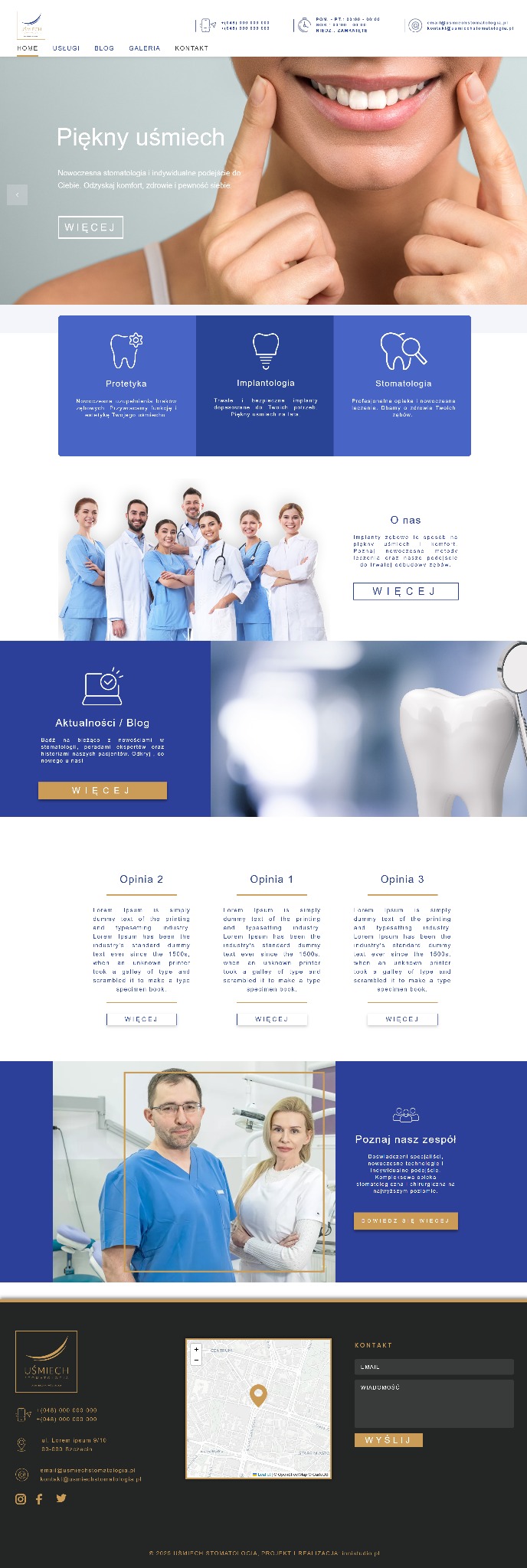 Strona internetowa gabinetu stomatologicznego z nowoczesnym designem, prezentująca usługi protetyki, implantologii i stomatologii, blog z aktualnościami, opinie pacjentów, zdjęcia zespołu i dane...