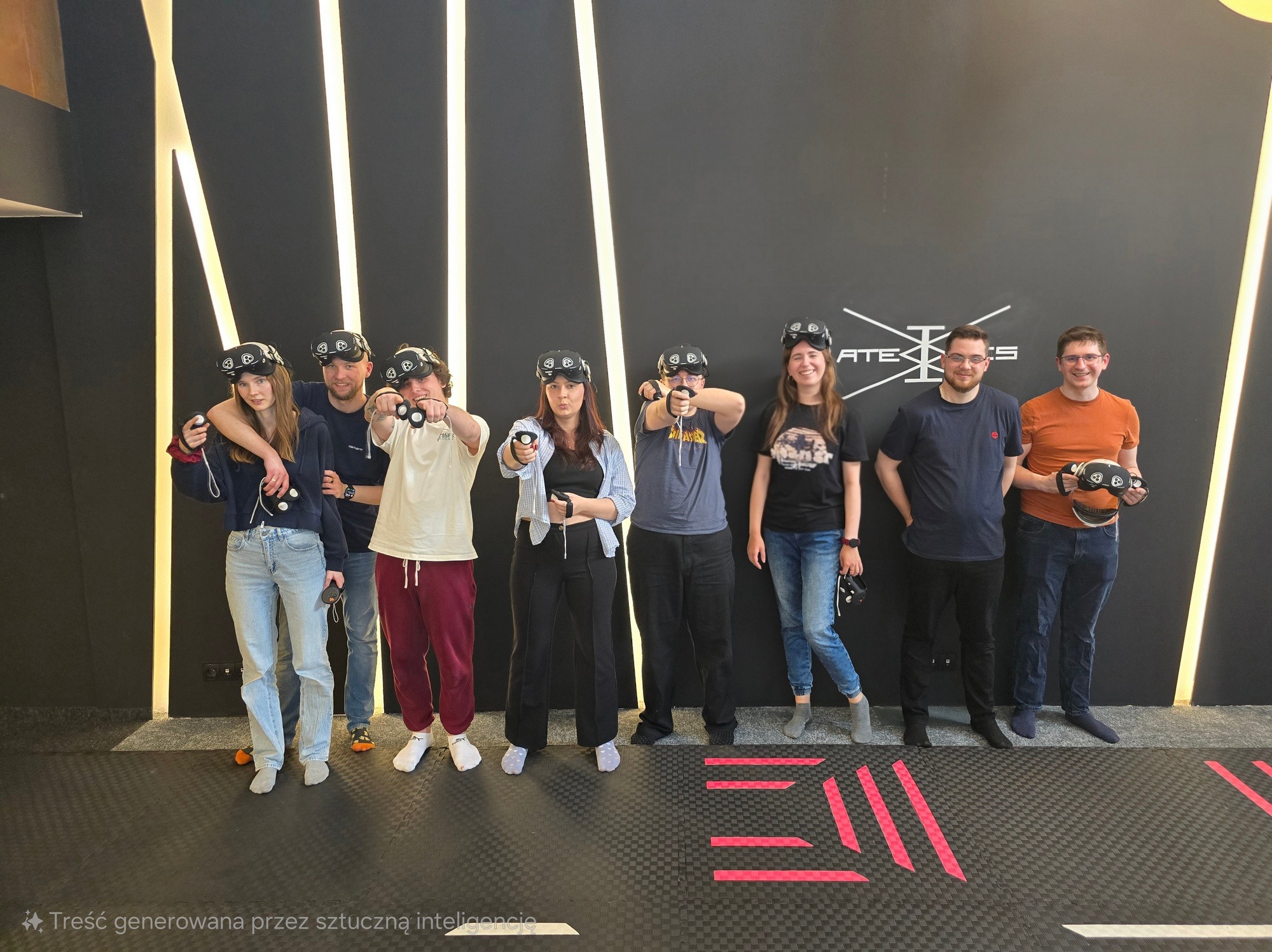 Grupa osób z goglami VR i kontrolerami, ustawiona na tle czarnej ściany z neonowymi lampami, gotowa do wirtualnej rozgrywki w centrum rozrywki.