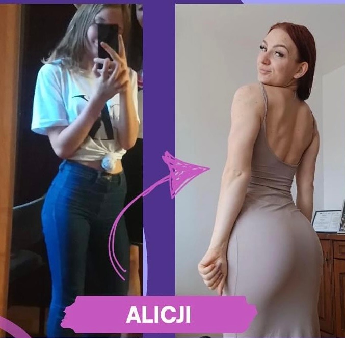 Kolaż przedstawiający metamorfozę sylwetki kobiety, z zaznaczoną strzałką wskazującą na zmianę, od zdjęcia selfie w lustrze w jeansach i białej koszulce, do zdjęcia w dopasowanej sukience,...