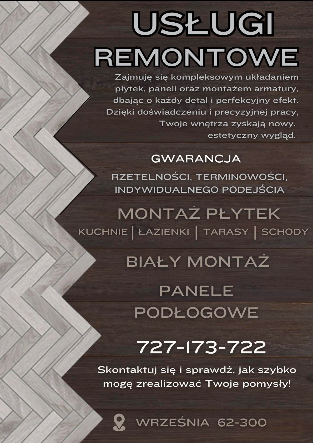 Grafika reklamowa firmy remontowej oferującej kompleksowe usługi, takie jak układanie płytek i paneli, montaż armatury oraz biały montaż, z gwarancją rzetelności i terminowości, prezentująca...