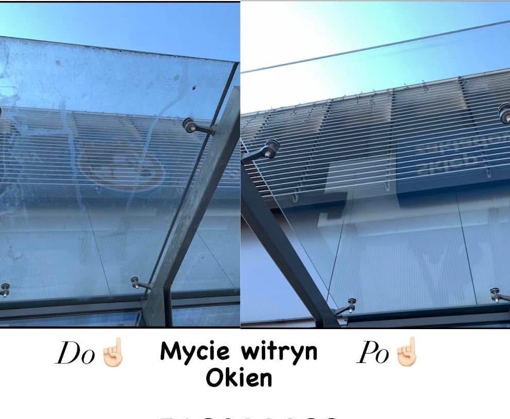 Porównanie stanu witryny przed i po czyszczeniu, widoczne różnice w przejrzystości szkła i usunięte zabrudzenia.