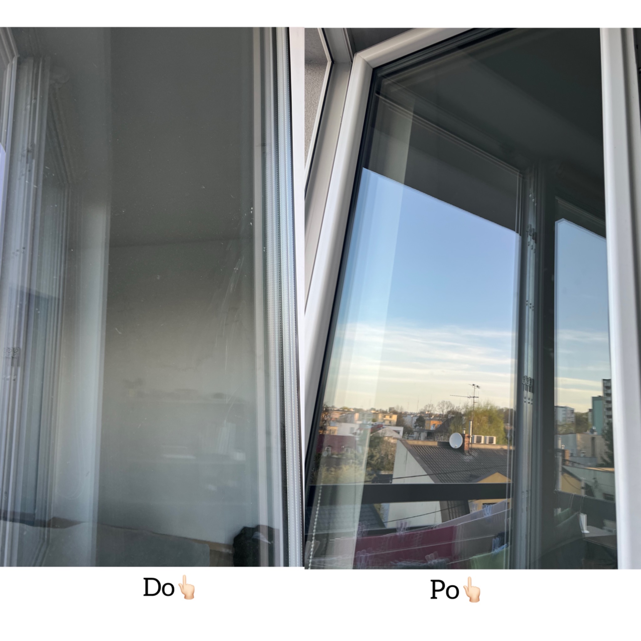 Porównanie okna przed i po umyciu, widoczne smugi i zabrudzenia po lewej stronie oraz czyste okno z widokiem na miasto po prawej.