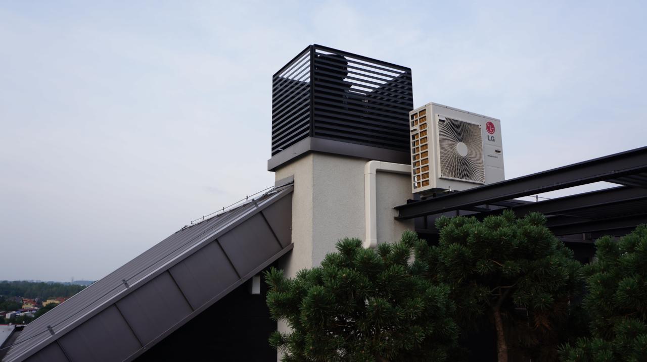 Zewnętrzna jednostka klimatyzacji LG zamontowana na dachu budynku z kratką wentylacyjną, widok z dołu na tle pochmurnego nieba i zieleni.