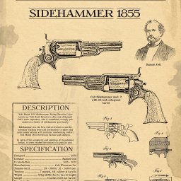 PRUS CAPITAL SPÓŁKA Z OGRANICZONĄ ODPOWIEDZIALNOŚCIĄ - Grafika w stylu vintage przedstawiająca schemat i opis Colt Sidehammer Pocket Revolver z 1855 roku, zawierająca rysunki techniczne, specyfikacje i portret Samuela Colta na beżowym tle.
