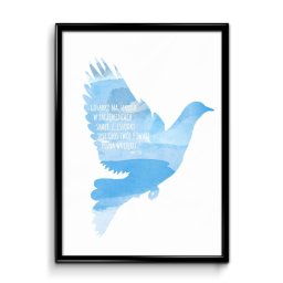 PRUS CAPITAL SPÓŁKA Z OGRANICZONĄ ODPOWIEDZIALNOŚCIĄ - Grafika w czarnej ramce przedstawiająca gołębia w odcieniach błękitu akwareli z tekstem w języku polskim, ujęcie z przodu na białym tle.