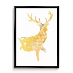 PRUS CAPITAL SPÓŁKA Z OGRANICZONĄ ODPOWIEDZIALNOŚCIĄ - Grafika w ramce przedstawiająca jelenia w stylu akwareli w odcieniach żółci i szarości, z tekstem cytatu biblijnego nałożonym na sylwetkę zwierzęcia.
